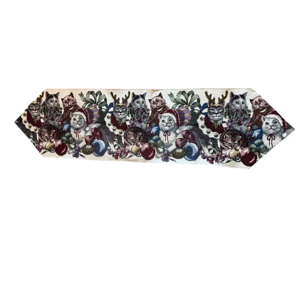 Vintage Christmas Cats Woven Tapestry Table Runner Holiday Decor 48 Inch